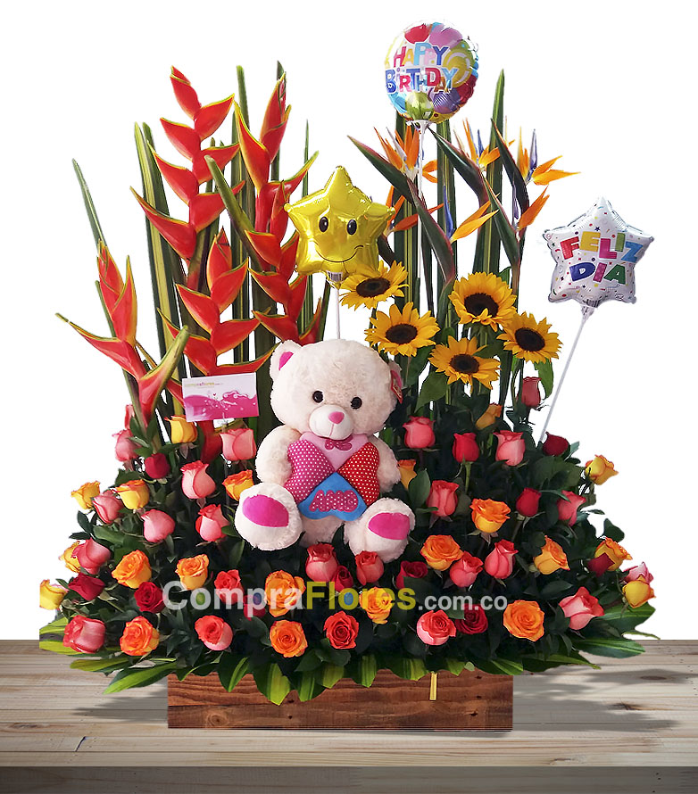 Arreglo Floral Especial con Peluche y Globos