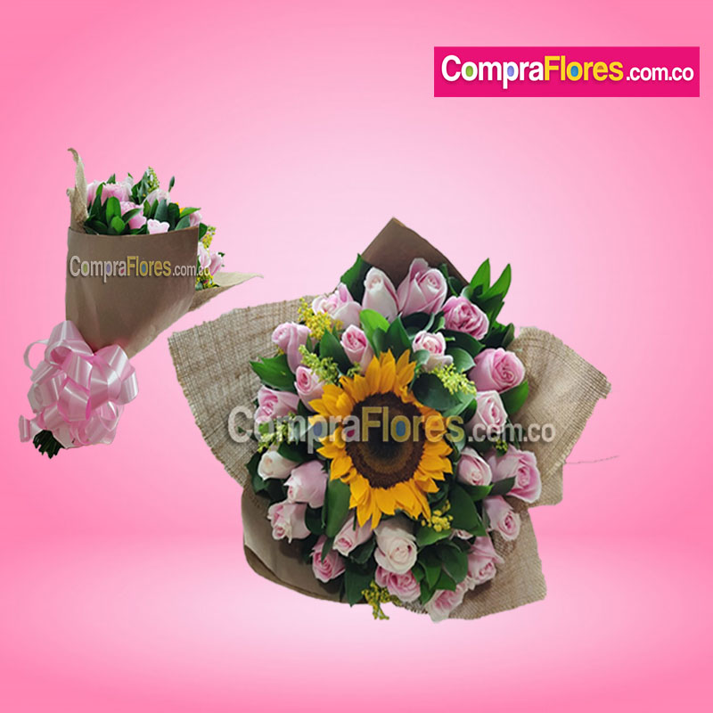 Rosas Rosadas y Girasol, Flores para Cali