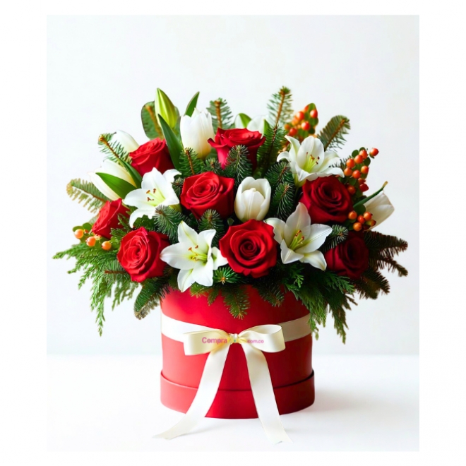 Caja de rosas y lirios navidad