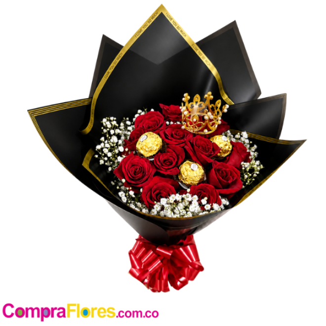 Ramo de Rosas Rojas con Chocolates y Corona Dorada de Regalo