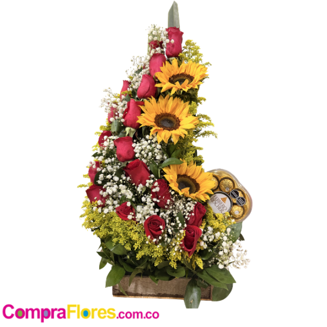 Arreglo Floral en Base de Madera con 20 Rosas, 3 Girasoles y Ferrero x8