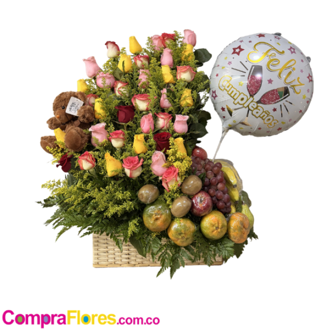 Canasta de Frutas Grande con 40 Rosas de Colores y Peluche