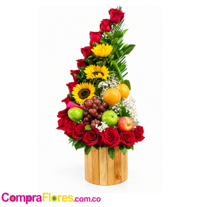 Frutero con Rosas Rojas y Girasoles