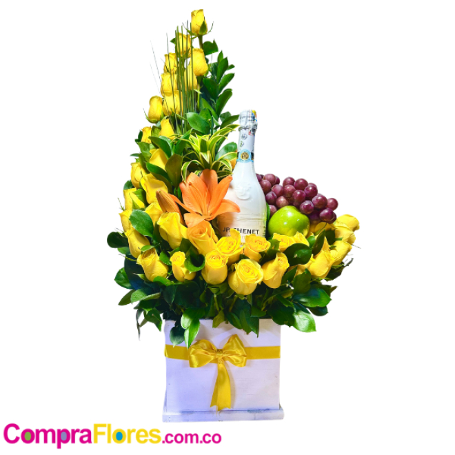 Frutero con 36 Rosas Amarillas y Champaña JP Chenet
