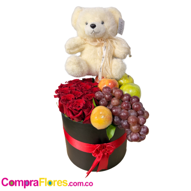 Cilindro Frutal con 15 Rosas Rojas y Peluche