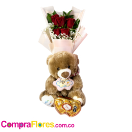 Combo floral ramillete de 6 rosas con peluche