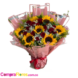 Arreglo Floral en Base con 7 Girasoles y 12 Rosas Rojas
