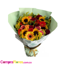 Arreglo Floral en Base con 5 Girasoles, Gerberas y 8 Rosas